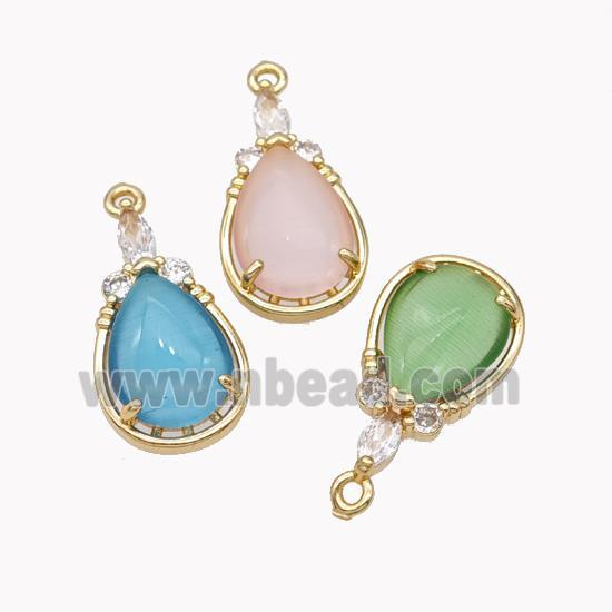 Copper Teardrop Pendant Pave Cateye Glass Gold Plated Mixed