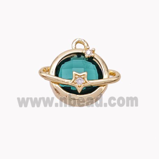 Copper Planet Pendant Pave Peacock Green Crystal Glass Gold Plated