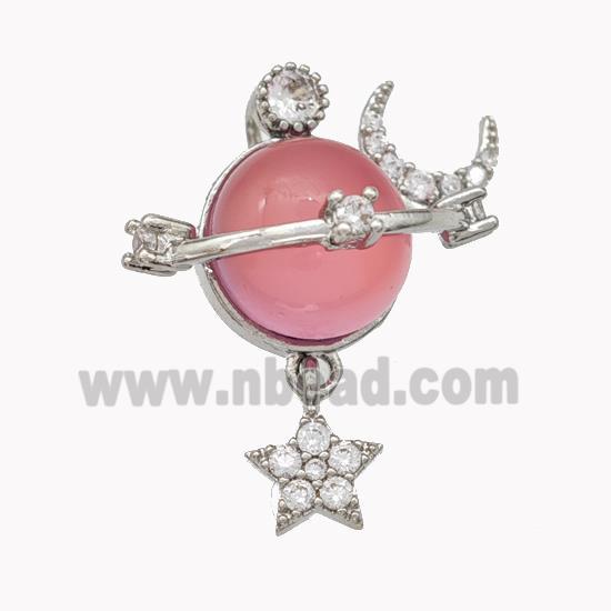 Copper Sun Pendant Pave Pink Cateye Glass Moon Star Platinum Plated