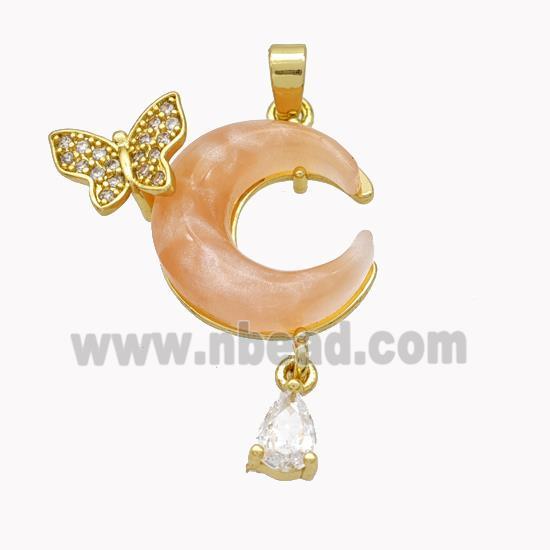 Copper Moon Pendant Pave Pink Acrylic Butterfly Gold Plated