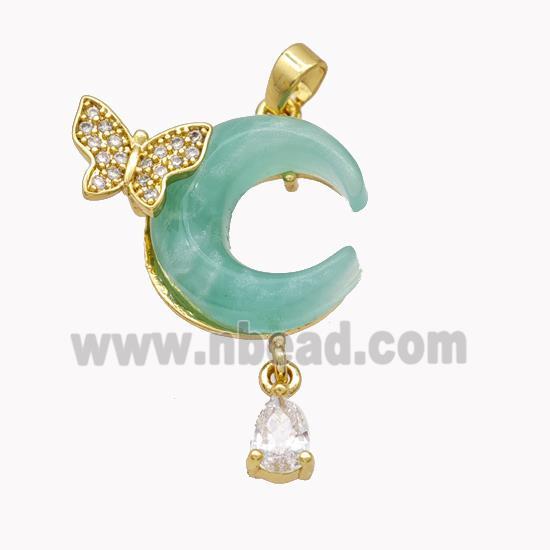 Copper Moon Pendant Pave Green Acrylic Butterfly Gold Plated