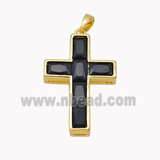 Copper Cross Pendant Pave Black Crystal Glass Gold Plated