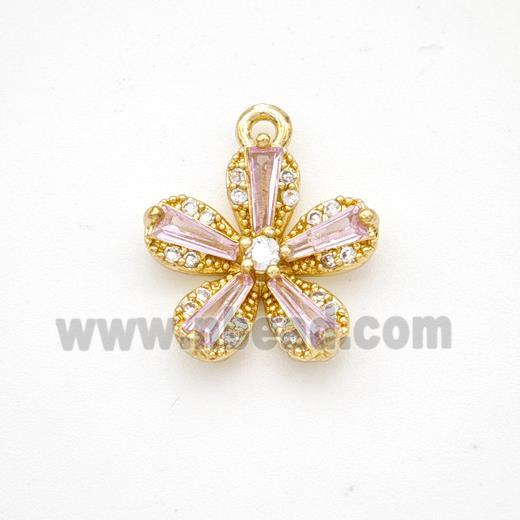 Copper Flower Pendant Pave Pink Crystal Glass Zirconia Gold Plated