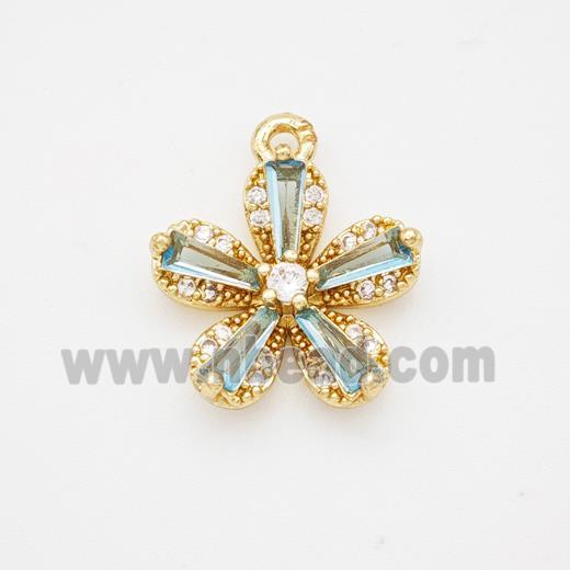 Copper Flower Pendant Pave Blue Crystal Glass Zirconia Gold Plated