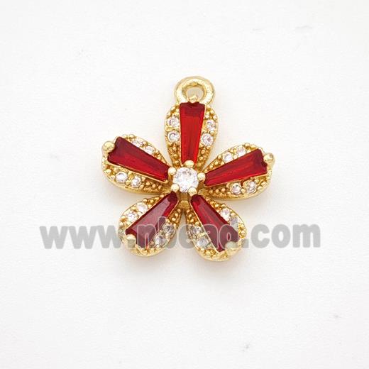 Copper Flower Pendant Pave Red Crystal Glass Zirconia Gold Plated