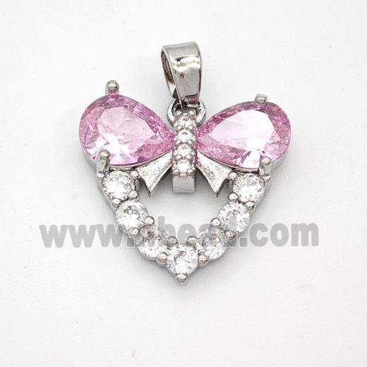 Copper Heart Pendant Pave Pink Crystal Glass Zirconia Platinum Plated