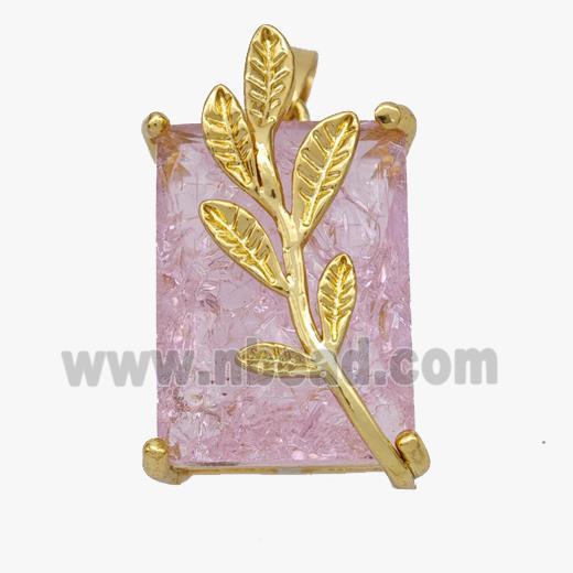 Copper Leaf Pendant Pave Pink Crystal Glass Rectangle Gold Plated