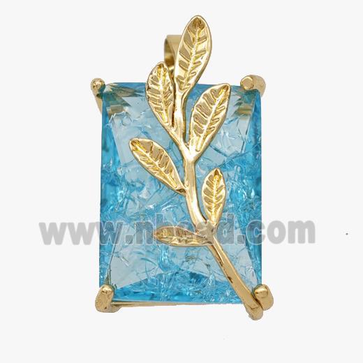 Copper Leaf Pendant Pave Blue Crystal Glass Rectangle Gold Plated