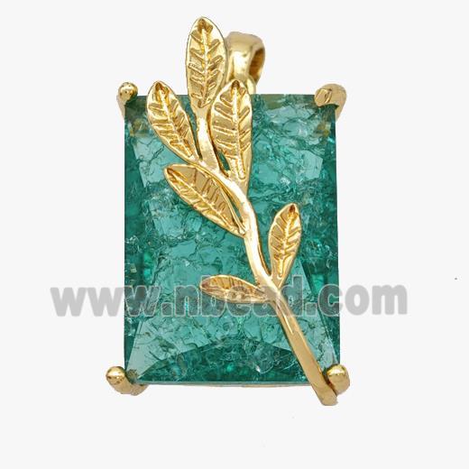 Copper Leaf Pendant Pave Green Crystal Glass Rectangle Gold Plated