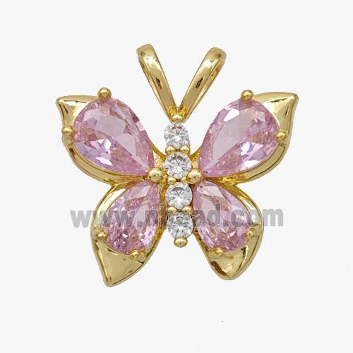 Copper Butterfly Pendant Pave Pink Crystal Glass Gold Plated