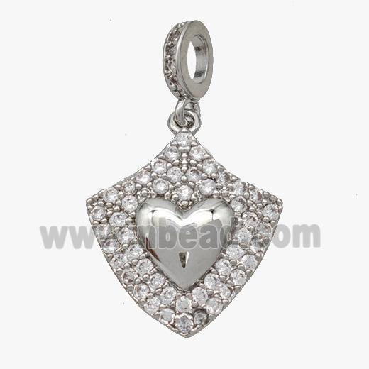 Copper Shield Pendant Pave Zirconia Heart Platinum Plated