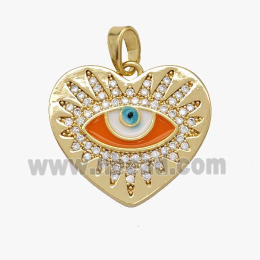 Copper Heart Evil Eye Pendant Pave Zirconia Orange Enamel Gold Plated