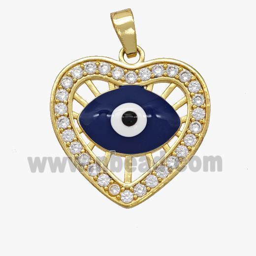 Copper Heart Evil Eye Pendant Pave Zirconia Blue Enamel Gold Plated