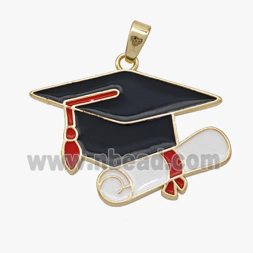 Copper Bachelor Cap Pendant Black White Enamel Graduation Gold Plated