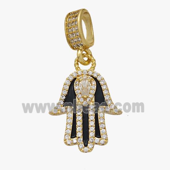 Copper Hamsa Hand Pendant Pave Zirconia Black Enamel Gold Plated