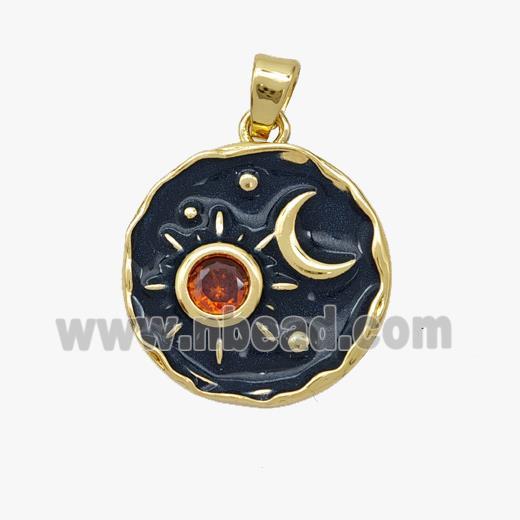 Copper Sun Pendant Pave Zirconia Black Enamel Moon Gold Plated