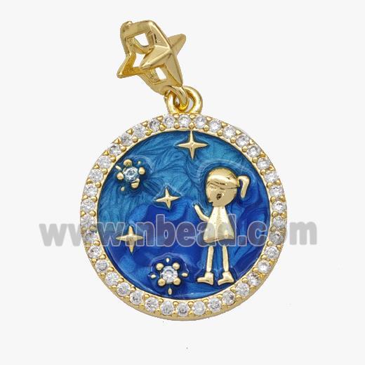 Copper Girl Kids Pendant Pave Zirconia Blue Painted Gold Plated