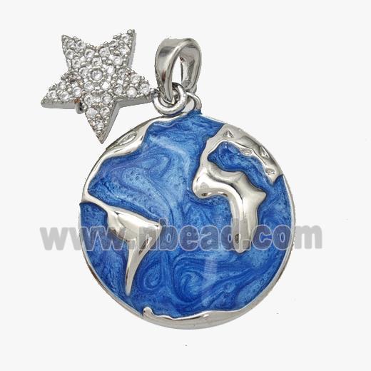 Copper Earth Pendant Blue Painted Star Platinum Plated