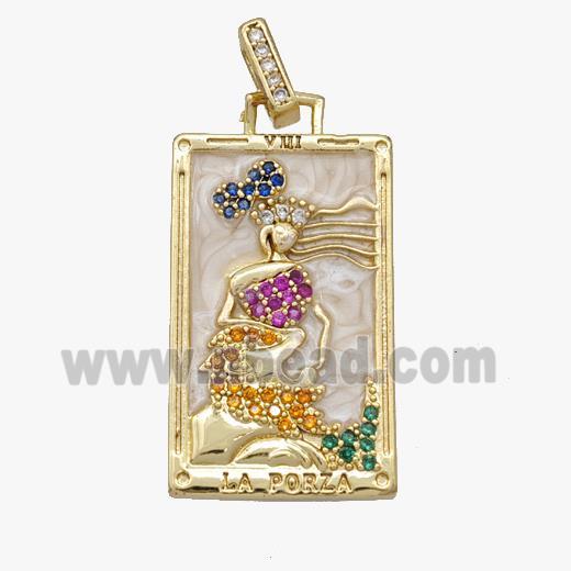 Copper Tarot Card Pendant Pave Zirconia Empress White Enamel Gold Plated