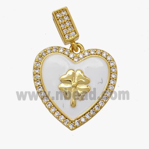 Copper Heart Pendant Pave Zirconia White Enamel Clover Gold Plated