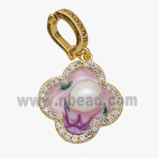 Copper Clover Pendant Pave Zirconia Pearl Painted Gold Plated