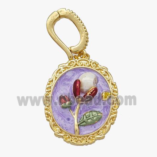 Copper Flower Pendant Pave Pearl Purple Painted Gold Plated