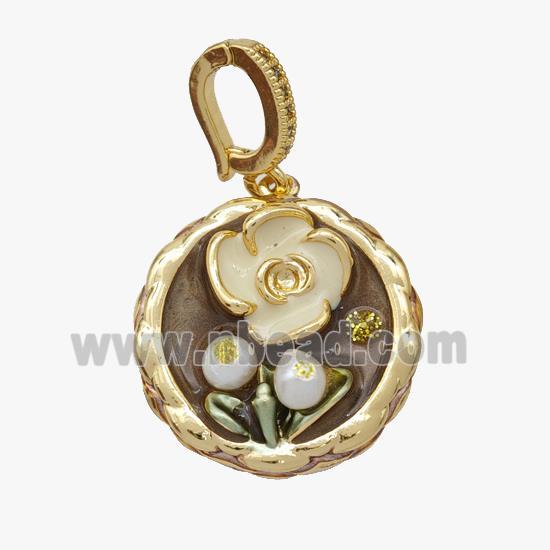 Copper Flower Pendant Pave Pearl Painted Gold Plated