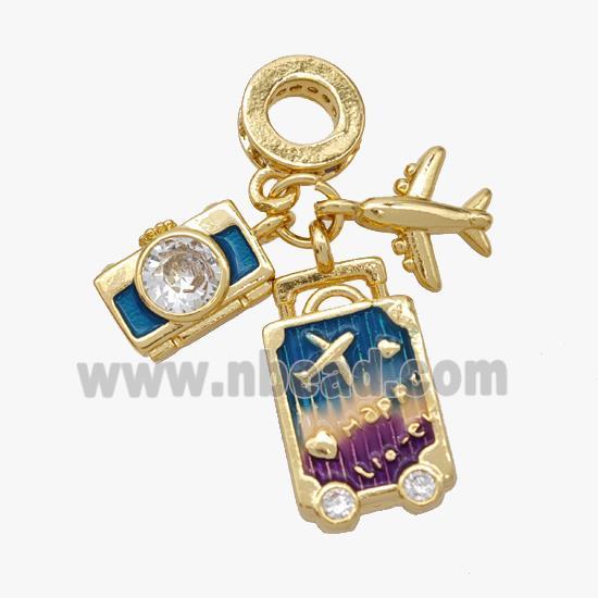 Copper Airplane Camera Pendant Pave Zirconia Painted Gold Plated