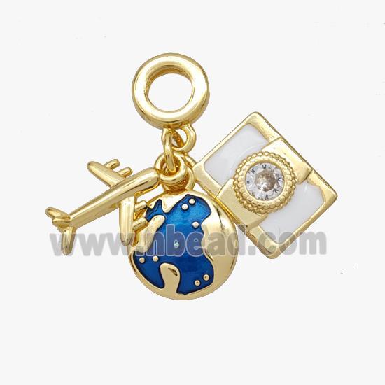 Copper Airplane Camera Earth Pendant Pave Zirconia Painted Gold Plated