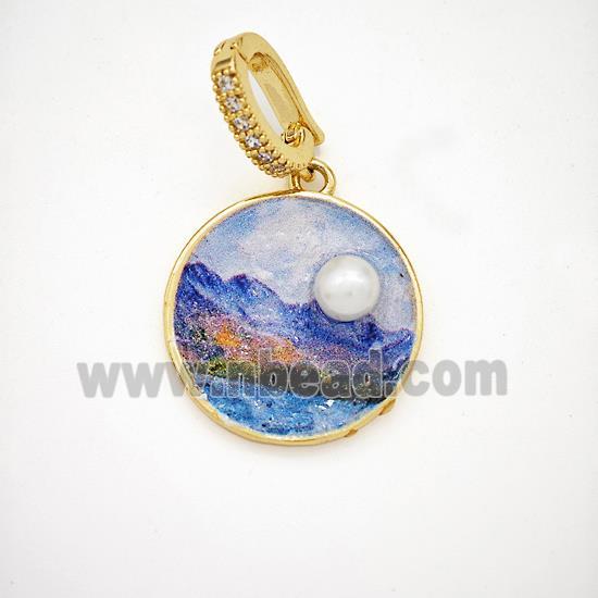 Picture Of Landscape Charms Copper Circle Pendant Pave Pearlized Resin Painted Gold Plated