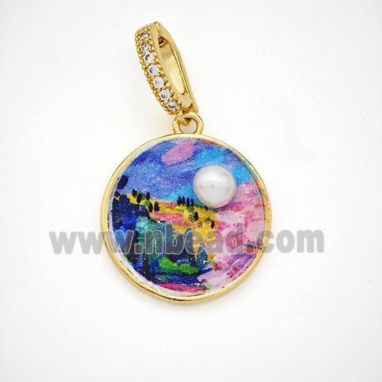 Picture Of Landscape Charms Copper Circle Pendant Pave Pearlized Resin Painted Gold Plated