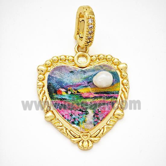 Picture Of Landscape Charms Copper Heart Pendant Pave Pearlized Resin Painted Gold Plated