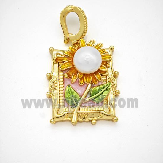 Copper Flower Pendant Pave Pearlized Resin Painted Gold Plated