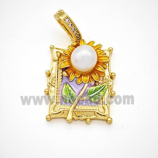 Copper Flower Pendant Pave Pearlized Resin Painted Gold Plated