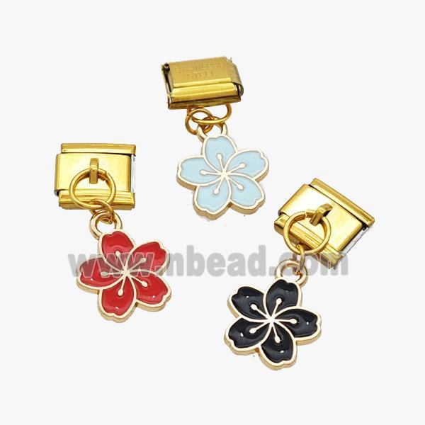 Stainless Steel Element For Module Bracelet With Copper Flower Pendant Enamel Gold Plated Mixed