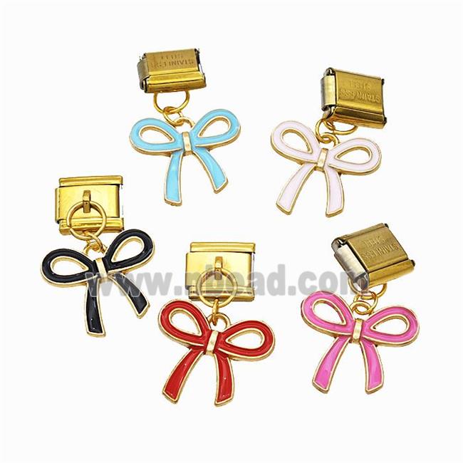 Stainless Steel Element For Module Bracelet With Copper Bowknot Pendant Enamel Gold Plated Mixed