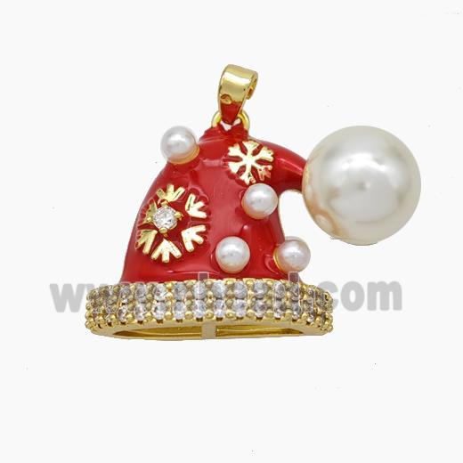 Christmas Hat Charms Copper Pendant Pave Pearlized Resin Red Enamel Gold Plated