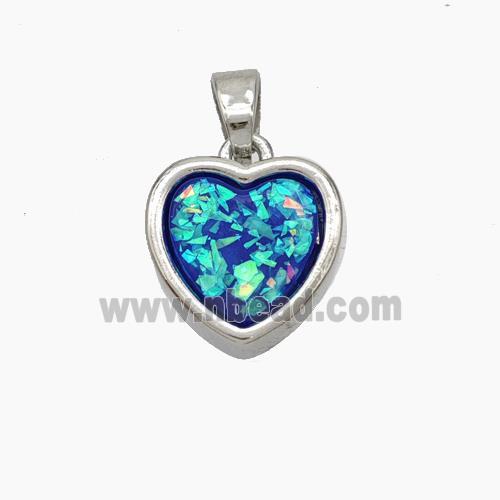 Copper Heart Pendant Pave Blue Fire Opal Platinum Plated