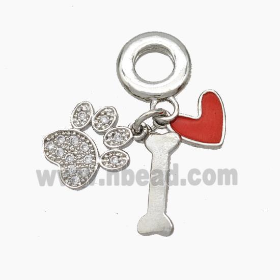 Copper Dogbone Paw Heart Pendant Pave Zirconia Red Enamel Platinum Plated