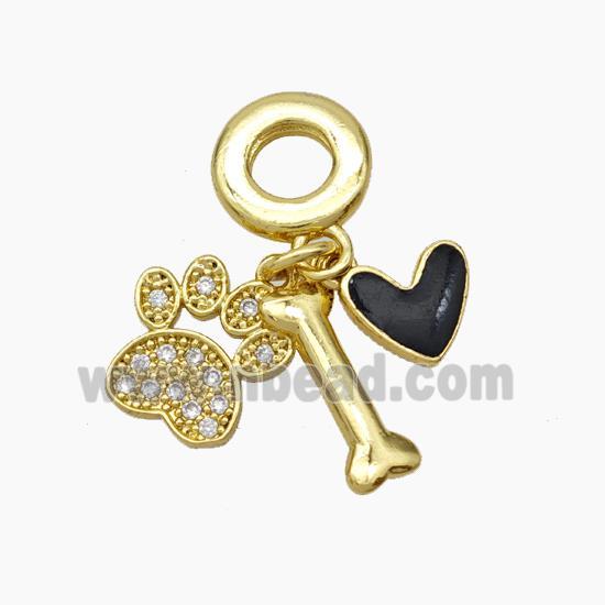 Copper Dogbone Paw Heart Pendant Pave Zirconia Black Enamel 18K Gold Plated