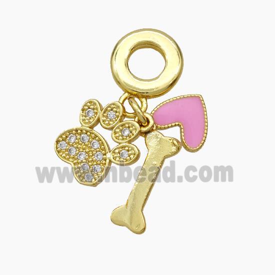 Copper Dogbone Paw Heart Pendant Pave Zirconia Pink Enamel 18K Gold Plated