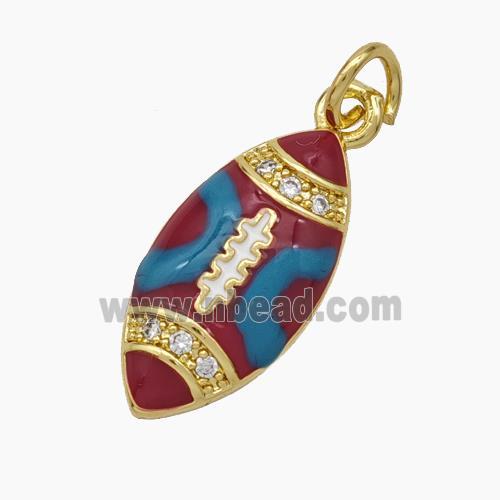 American Football Charms Copper Rugby Pendant Pave Zirconia Red Enamel Sport Gold Plated