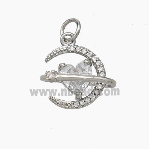 Copper Moon Pendant Pave Zirconia Heart Platinum Plated