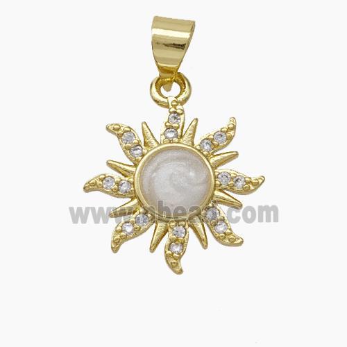 Copper Sun Pendant Pave Zirconia White Enamel Gold Plated