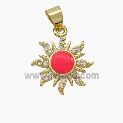 Copper Sun Pendant Pave Zirconia Red Enamel Gold Plated