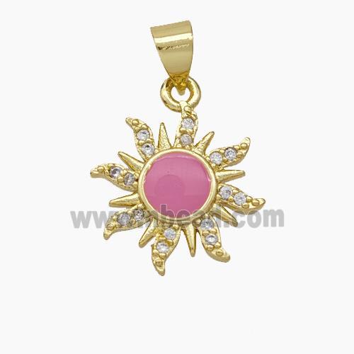 Copper Sun Pendant Pave Zirconia Pink Enamel Gold Plated