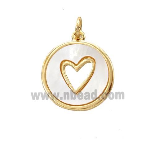 copper circle pendant pave shell, heart, gold plated