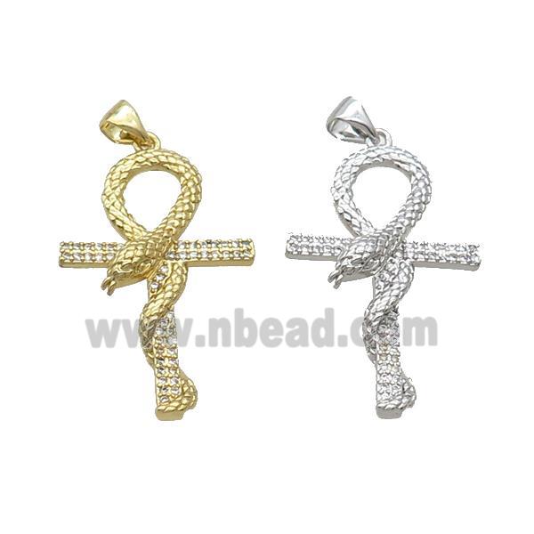 Copper Ankh Cross Pendant Pave Zircon Snake Mixed