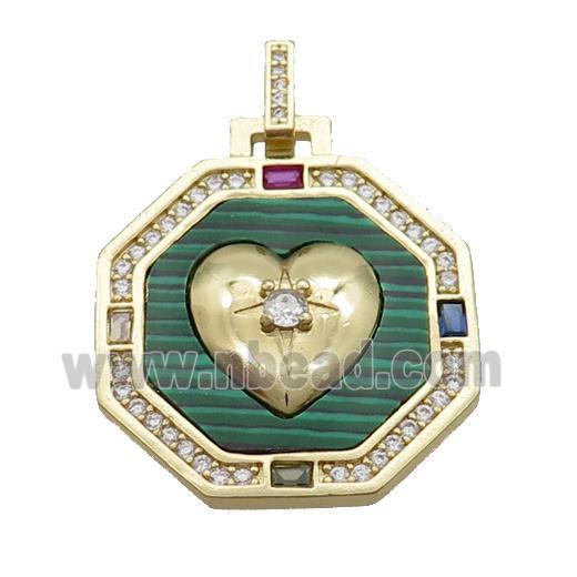 Copper Octagon Heart Pendant Pave Zircon Malachite Gold Plated