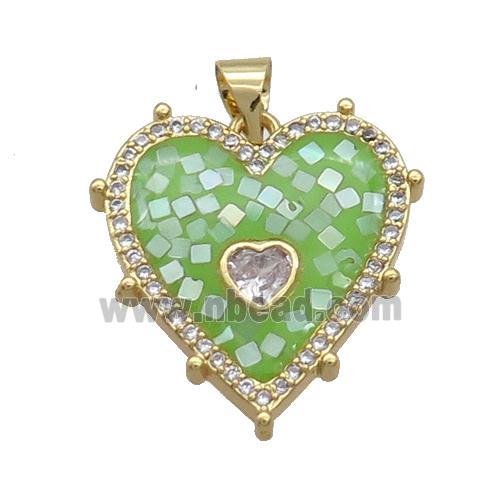 Copper Heart Pendant Pave Shell Green Gold Plated
